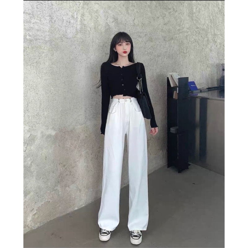 Quần jean nữ dáng suông ống rộng trắng lưng cao ống rộng kiểu Hàn Quốc dễ phối đồ cho nữ
