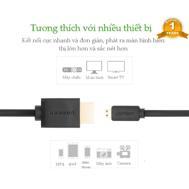 Cáp chuyển đổi MICRO HDMI sang HDMI Dài 1.5m 2m UGREEN 30102 30103- Hàng chính hãng