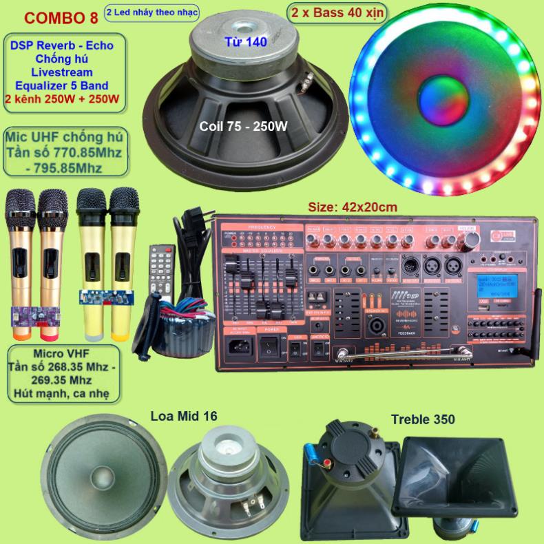 Mạch loa kéo 4 tấc đôi 2 kênh 250W + 250W DSP Reverb Echo Livestream có chống hú - Equalizer 5 Band 4 tay micro kèm led