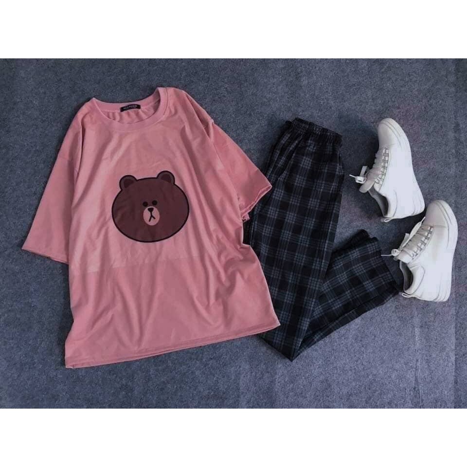 [COMBO TIẾT KIỆM] Set 1 áo gấu Brown Line Friend + 1 quần caro xám xanh unisex