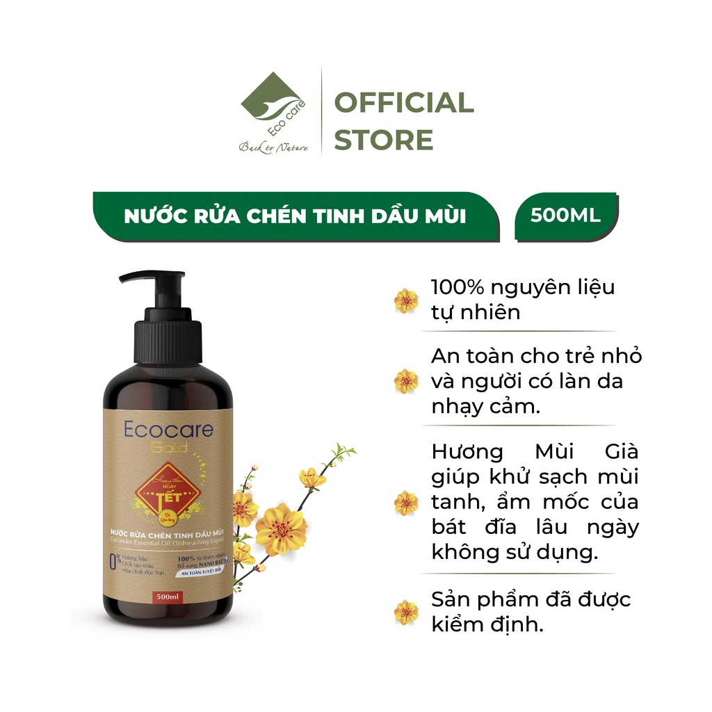 Nước rửa chén hữu cơ tinh dầu Mùi Già 500ml Ecocare, khử mùi tanh, rửa sạch dầu mỡ của bát đĩa