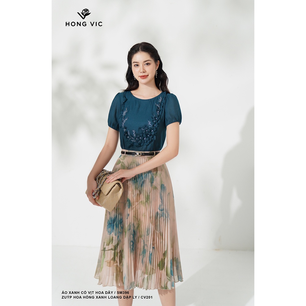Chân váy nữ thiết kế Hong Vic hoa hồng xanh loang dập ly CV201