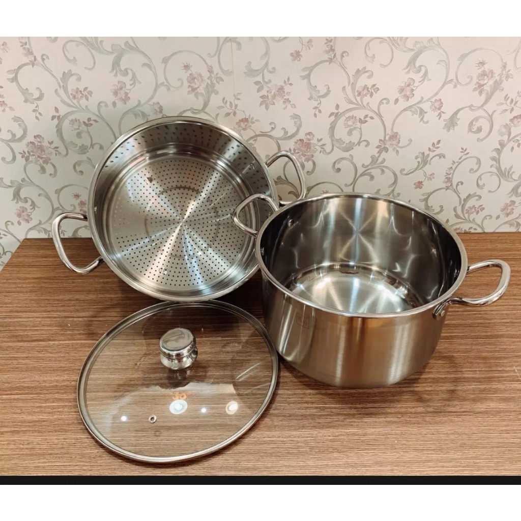 Bộ Nồi Xửng Hấp Inox 3 Đáy Fivestar 32cm 18 Lít Nắp kiếng HÀNG CHÍNH HÃNG BẢO HANH 5 NĂM