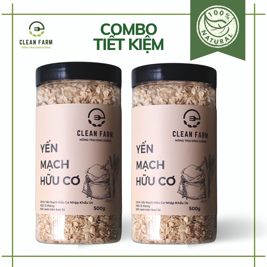 Combo 1kg Yến Mạch Hữu Cơ CLEAN FARM - yến mạch Úc tươi, cán dẹt, phù hợp Eat Clean, cho bé ăn dặm, ăn sạch sống khoẻ