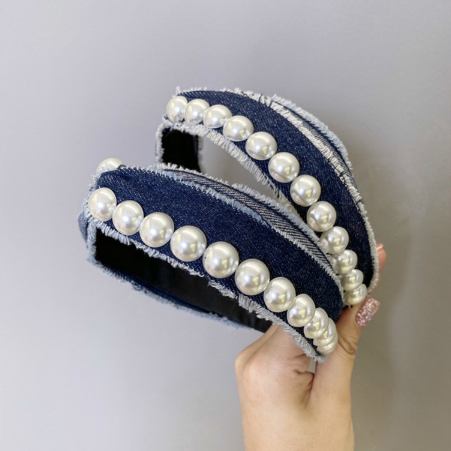 Cài Tóc Vải Denim Thắt Nút Đính Ngọc Trai Phong Cách Hàn Quốc