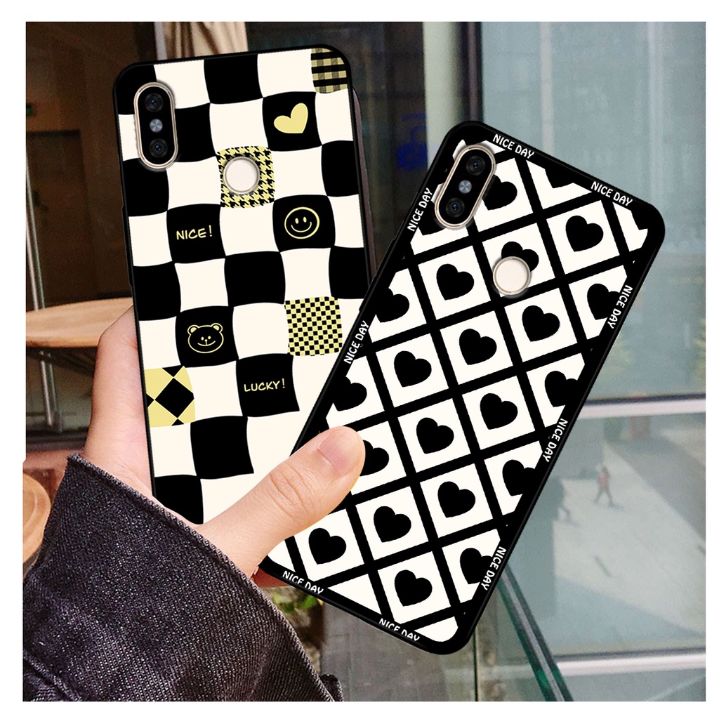 Ốp lưng Redmi Note 5 / Redmi Note 6 in hoạ tiết caro trái tim đen trắng, gấu bear cute đáng yêu