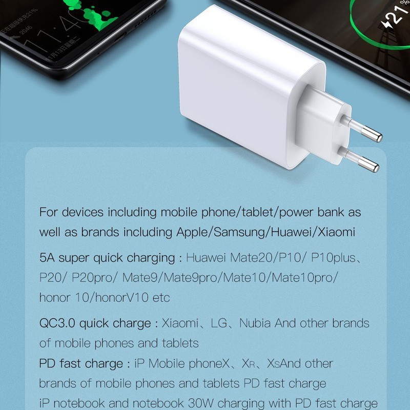 Củ (cốc)sạc nhanh 2 cổng  PD (USB-C to Lighning) + USB QC 3.0 5A Max chính hãng Baseus Speed PPS