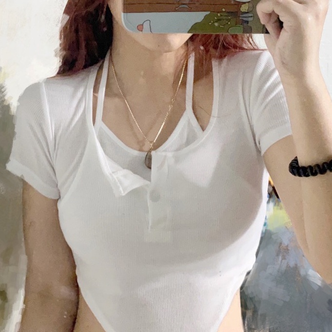 Set áo croptop ôm , áo croptop tay ngắn kiểu yếm phối nút vạt bầu cá tính Bare - A099