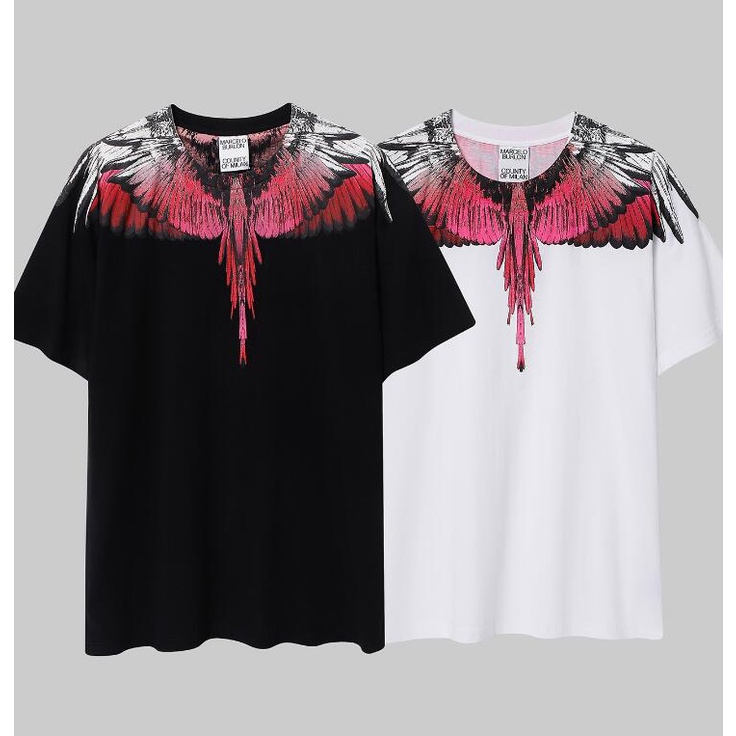 Áo Thun Cotton Đen Tay Ngắn In Hình Đôi Cánh Màu Gradient Thời Trang