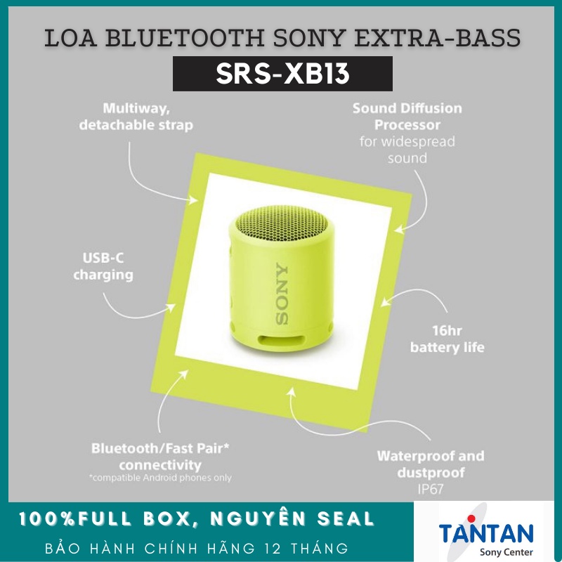 Loa BLUETOOTH EXTRA-BASS Sony SRS-XB13 | Chuẩn Kháng nước, bụi IP67 - Pin: 16h - Kết nối cùng lúc 2 loa - Cắm dây - 253g