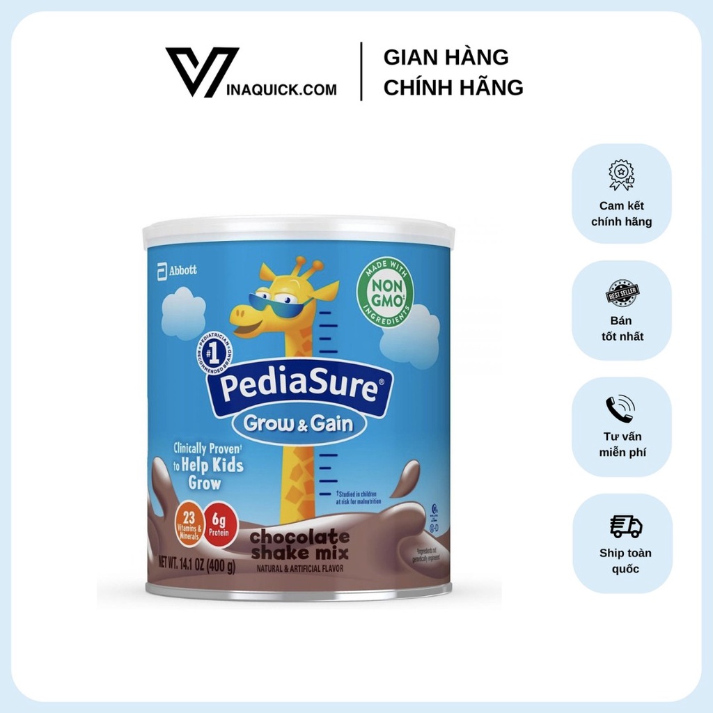 SỮA BỘT PEDIASURE GROW & GRAIN NON-GMO & GLUTEN-FREE SHAKE MIX POWDER CHO BÉ TRÊN 2 TUỔI, HỘP 400G - VINAQUICK