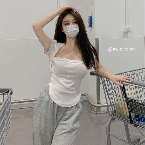 Áo Thun Tay Ngắn Cổ Vuông Dáng Ôm Phong Cách Hàn Quốc Thời Trang Cho Nữ