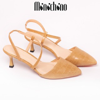Giày sandal nữ gót cao 6cm MINICHINO mũi nhọn phối dây hở gót, da kiểu vân trúc màu nâu TC057