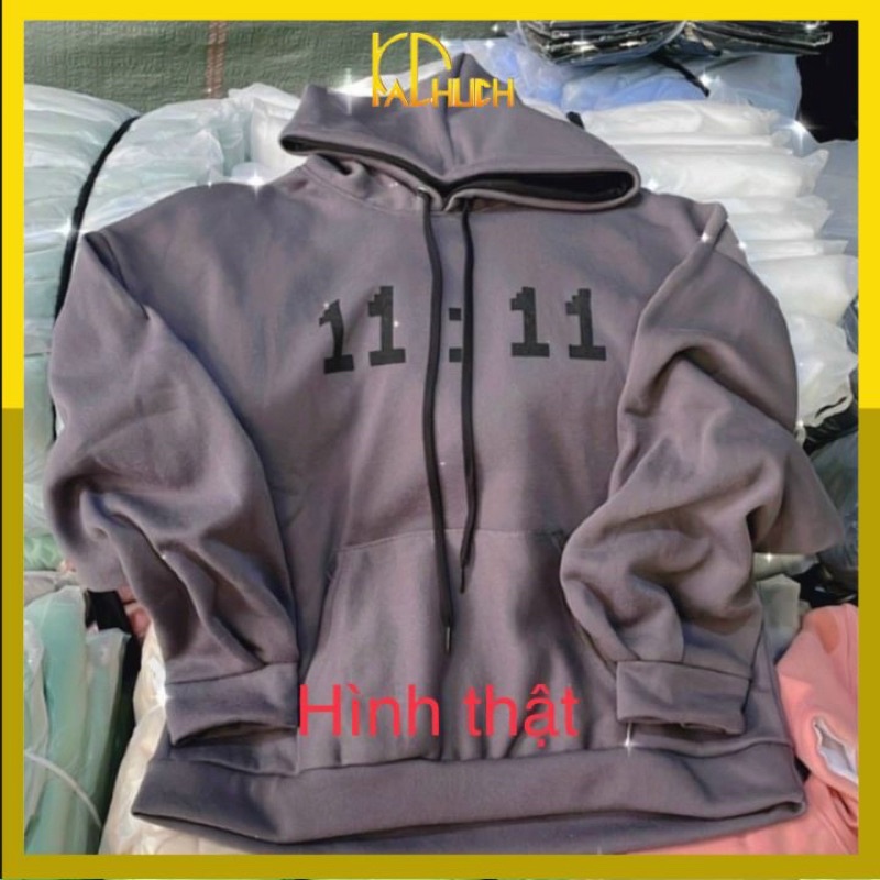 Áo hoodie tay phồng in 11:11 giờ, form rộng &lt;65kg hàng nỉ ngoại dày dặn nón 2 lớ