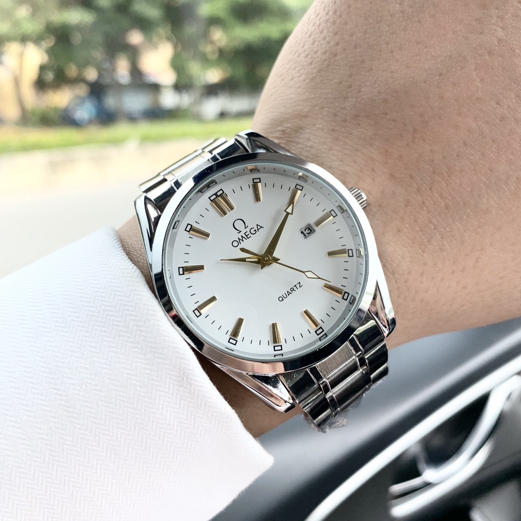 Đồng Hồ Omega Nam Dây Thép Khung Thép Có Lịch Ngày Kính Cong Máy Quartz Sang trọng lịch lãm