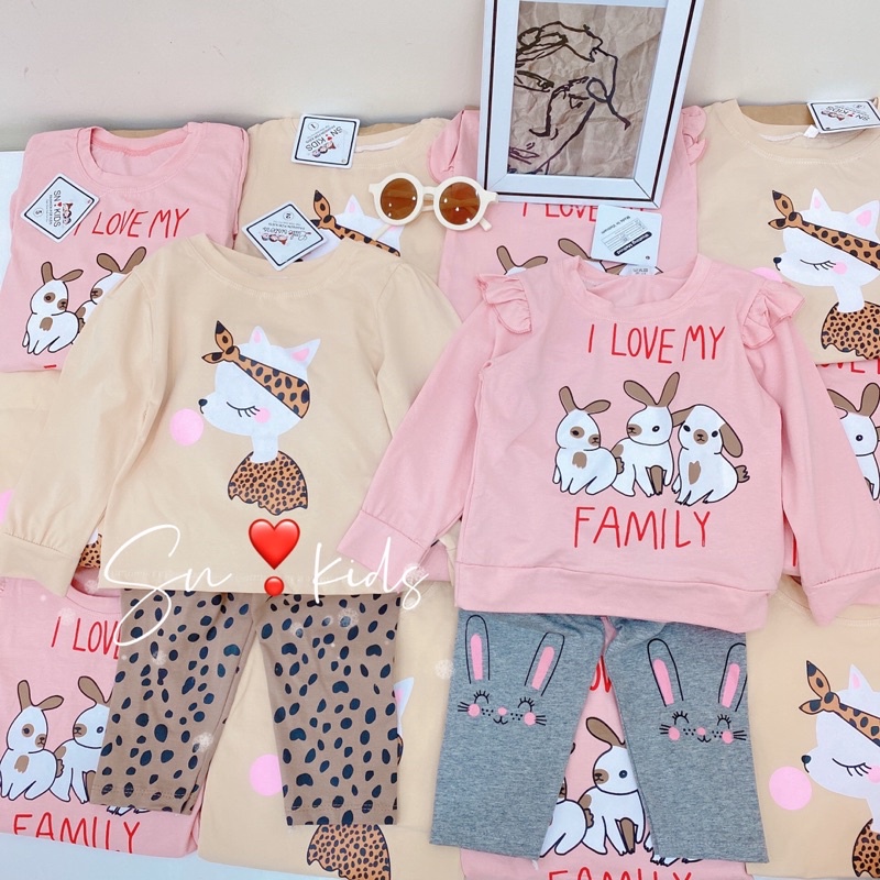 Xả Set cotton Family dài tay cho bé gái