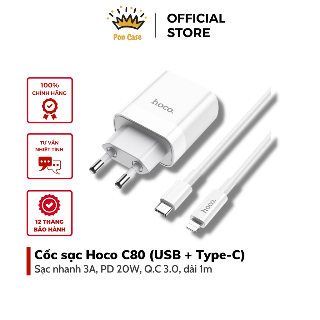 Bộ sạc PD 20W Hoco C80A 2 cổng ( USB + Type-C ), sạc nhanh 3A, Quick Charger 3.0 cho iPhone/iPad ( kèm dây 1m ) Pon Case