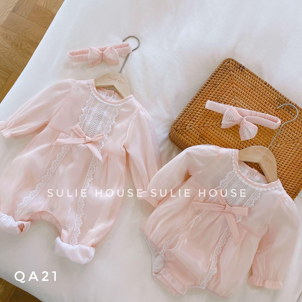 Body hồng ren kèm băng đô bé gái cao cấp - QA21