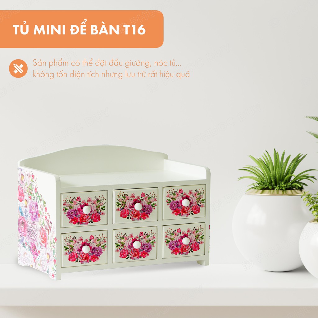 Tủ mini để bàn đa năng gỗ thông - Tủ nữ trang mỹ phẩm T16 họa tiết hoa - BH 12 tháng