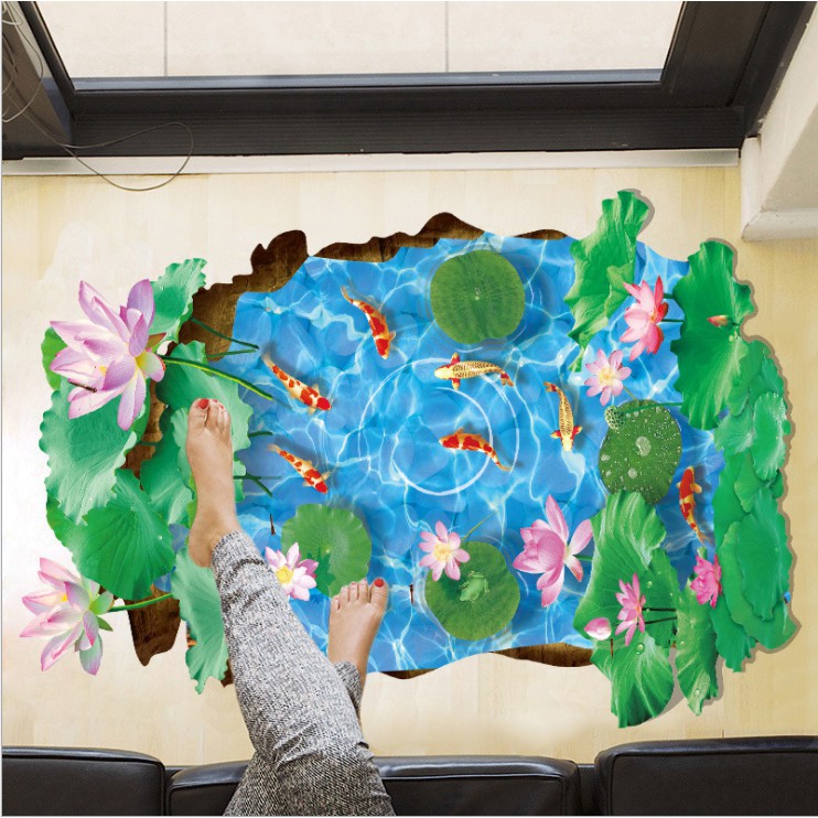 Decal trang trí tường - Hồ Sen Cá KOI 3D vuông mẫu 03
