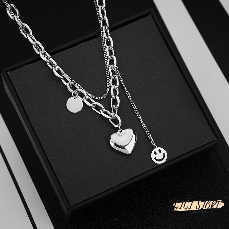 Vòng Cổ Nữ Cá Tính 2 Lớp Bằng Thép Titan Không Gỉ Mặt Trái Tim Phối Mặt Cười Nhỏ Phong Cách Hàn Quốc