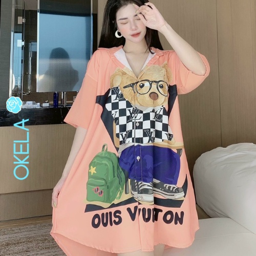 Váy sơ mi xuông dáng dài đầm ngủ mặc nhà dễ thương thiết kế xinh đẹp lụa ngủ cao cấp OKELA MO | BigBuy360 - bigbuy360.vn