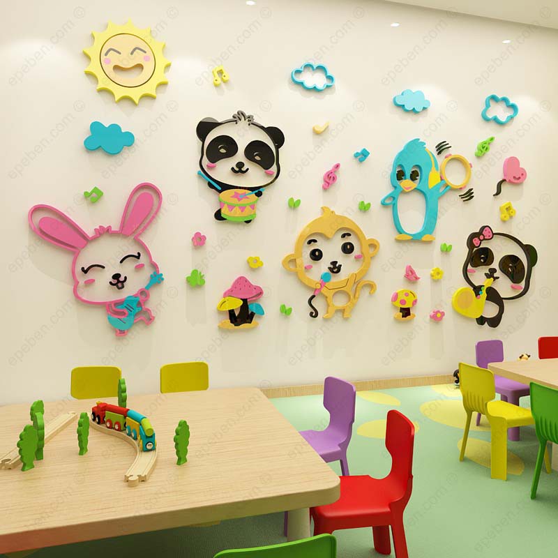 Tranh dán tường mica 3d decor khổ lớn bữa tiệc âm nhạc trang trí mầm non, phòng cho bé Nhiều Size - EPeBen