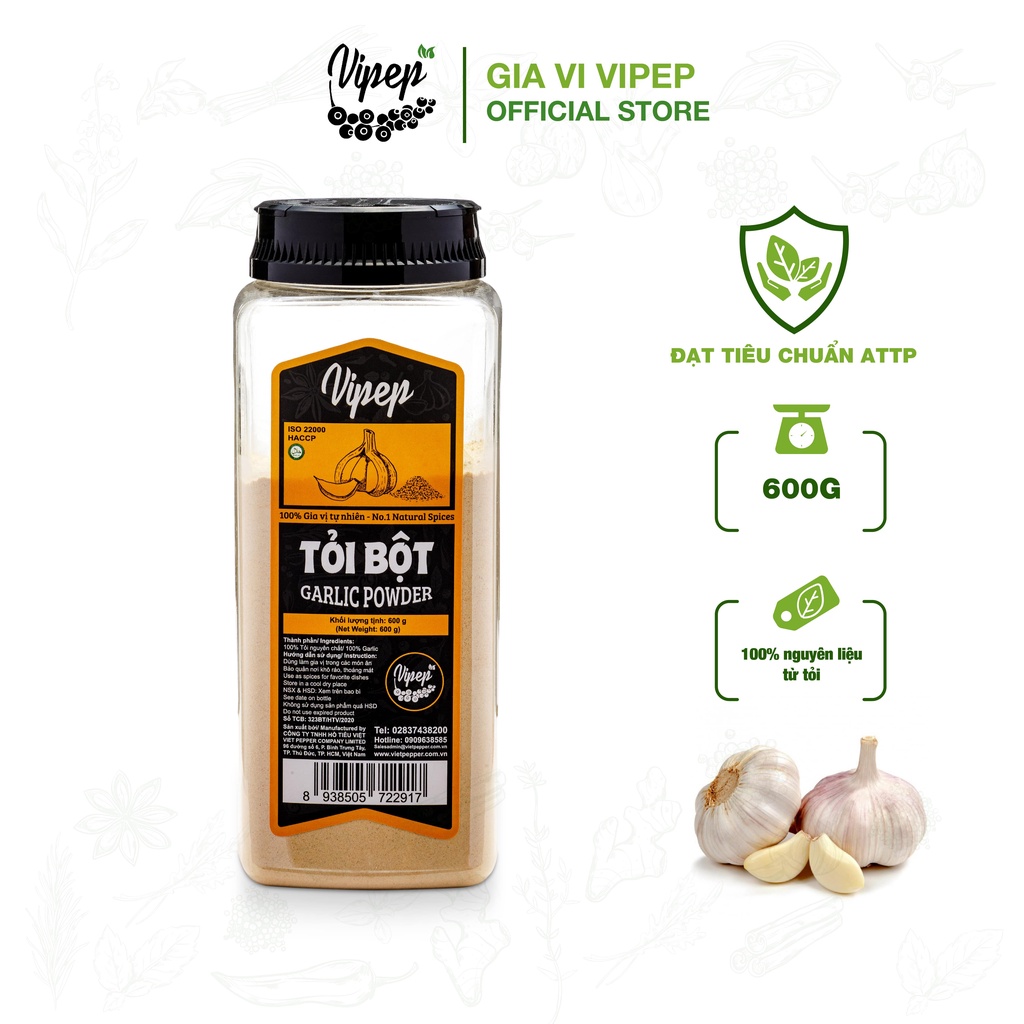 Bột tỏi nguyên chất Vipep 600g - bột gia vị xay nhuyễn tự nhiên tiện lợi hũ lớn thơm ngon dễ thấm cho món ăn đậm đà