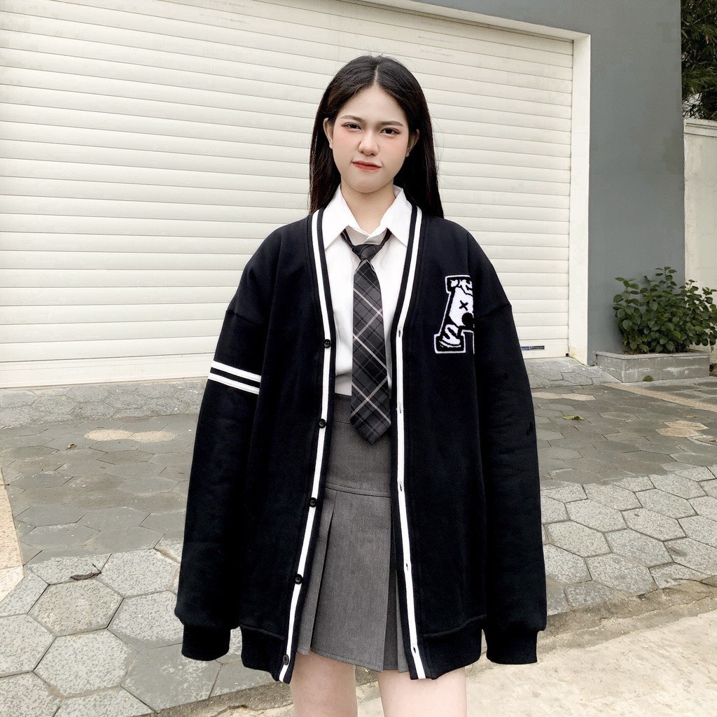 Khoác Cardigan In Chữ A Viền Sọc Tay Dáng Rộng Nam Nữ Unisex Uzzlang