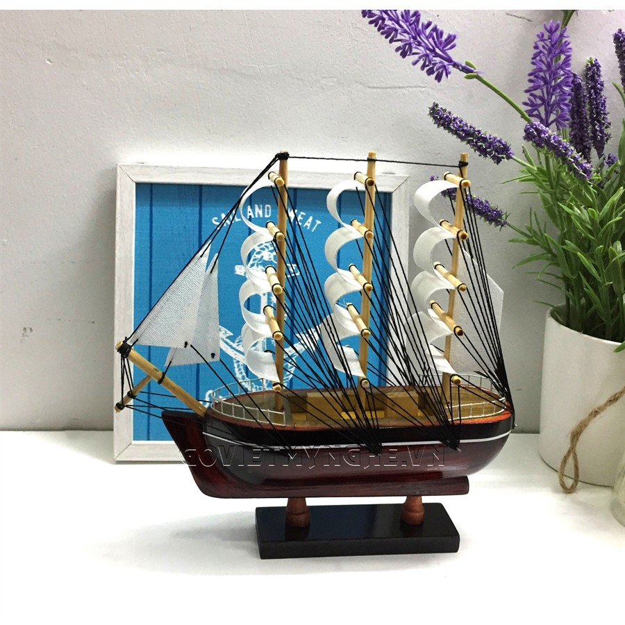 Mô hình tàu thuyền gỗ trang trí nhà cửa - Dài 20cm - Buồm vài màu trắng