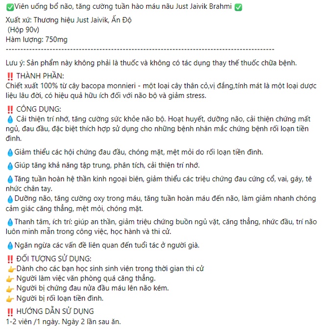Viên uống bổ não, tăng cường tuần hoàn máu não Just Jaivik Brahmi