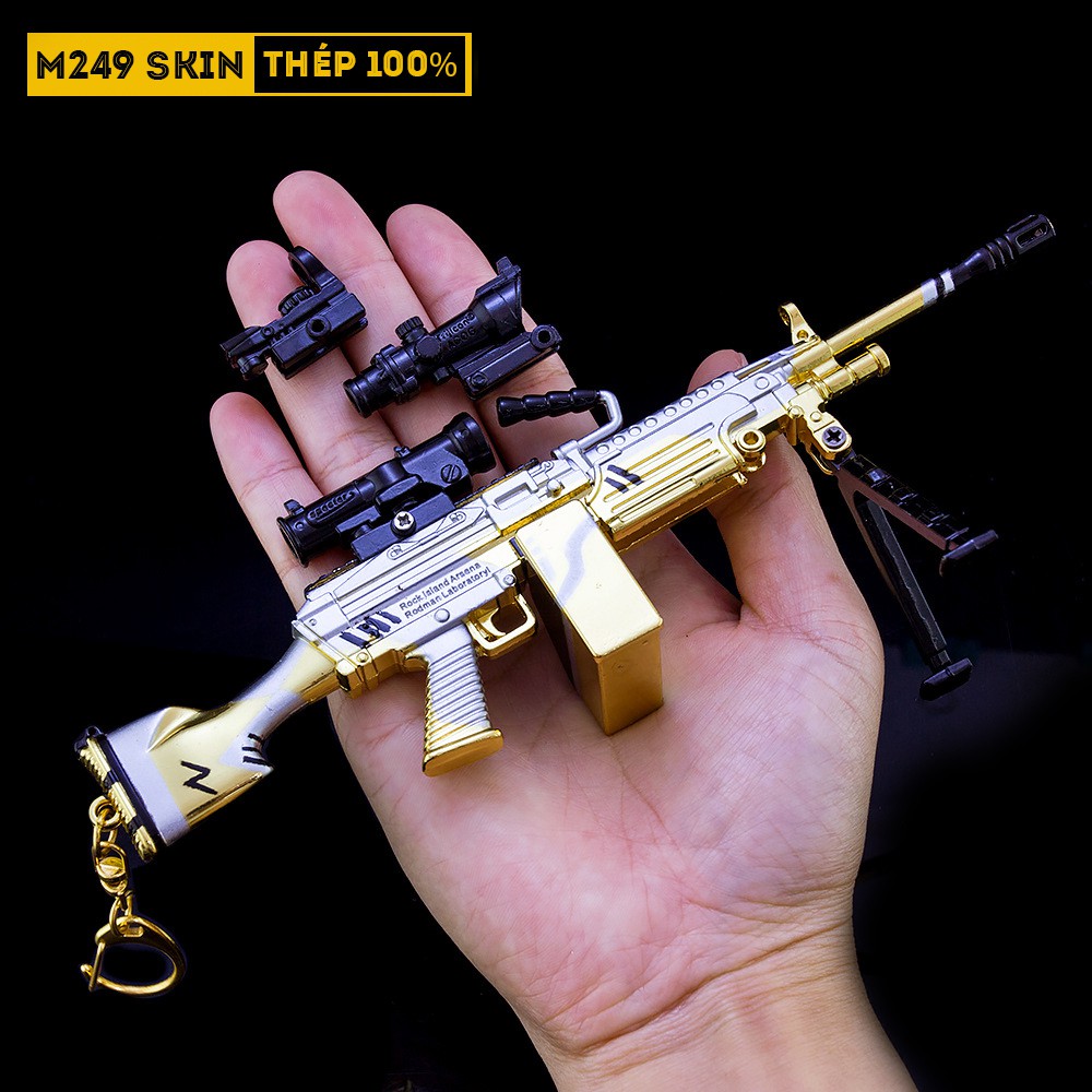 Mô Hình PUBG M249 Skin Ultimate Gold Tặng Kèm 3 Scope Và Kệ Trưng Bày 19cm