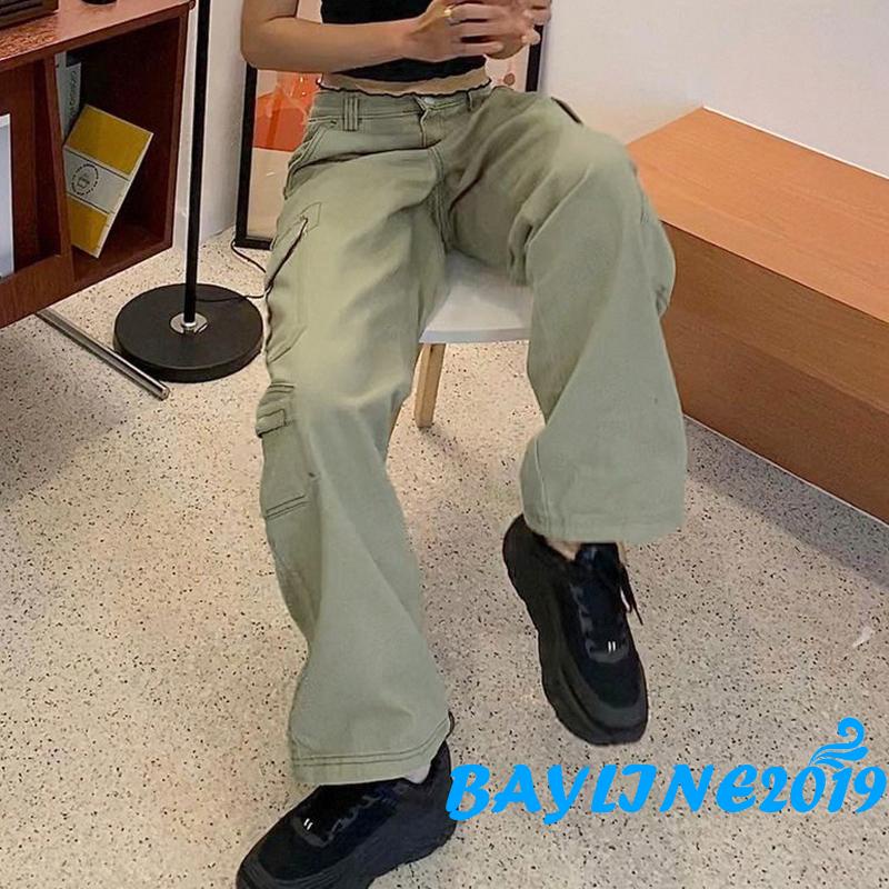 Bay-quần Jean Túi Hộp Lưng Vừa Dáng Rộng Màu Trơn Đơn Giản Với Nhiều Túi Màu Xanh Lá Cây Dành Cho Bạn Nữ