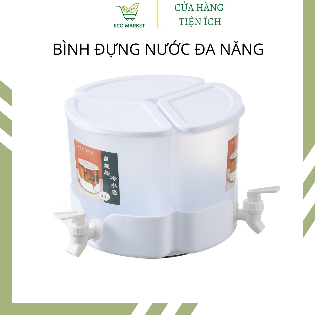 Bình đựng nước 3 ngăn dung tích 5.2L đế xoay 360 độ có nắp đậy tiện lợi-ECO1
