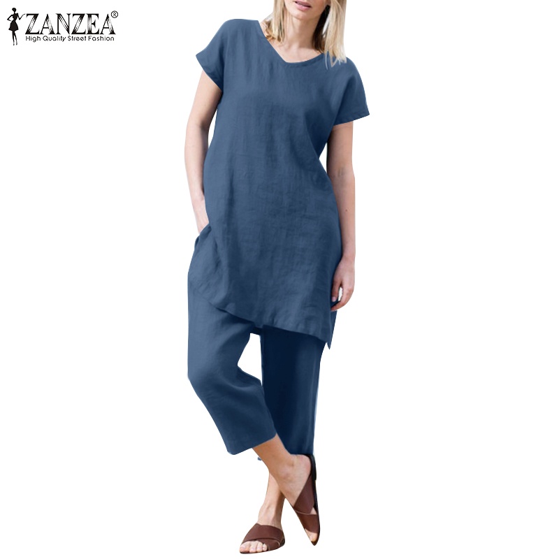 Set đồ ZANZEA gồm áo thun ngắn tay cổ chữ V và quần dài ống rộng thời trang dành cho nữ