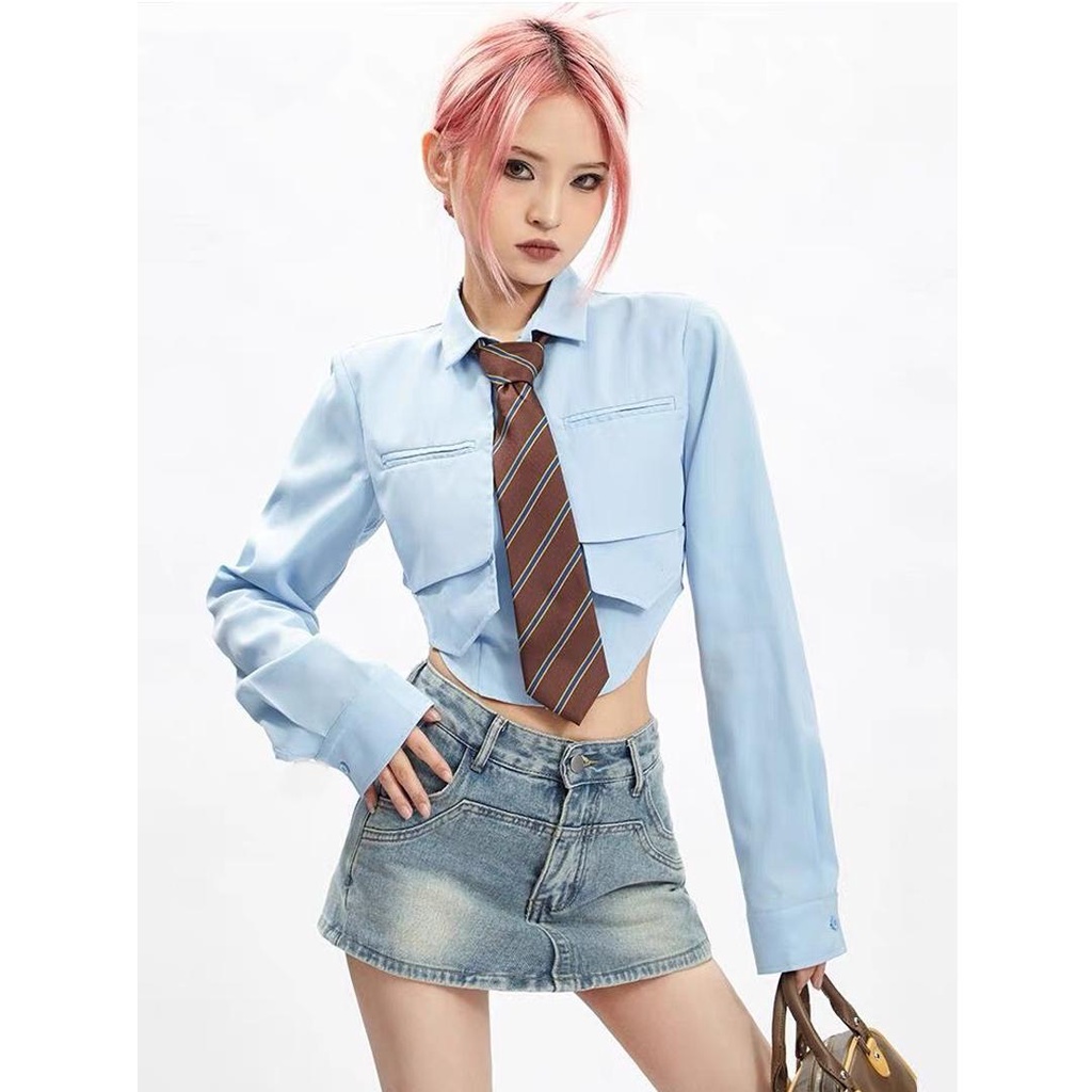 Áo sơ mi croptop nữ Junest cổ bẻ vạt tôm hai túi ngực Blouse Top SM2T05