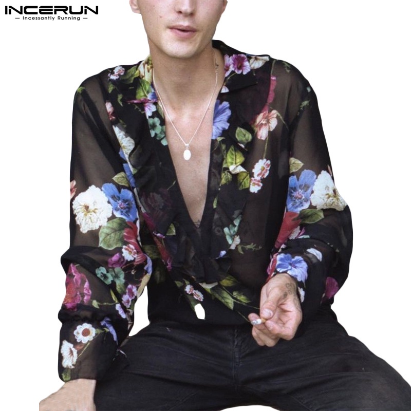 INCERUN Áo Lưới Hoa Xuyên Thấu Cổ V Gợi Cảm Dành Cho Nam