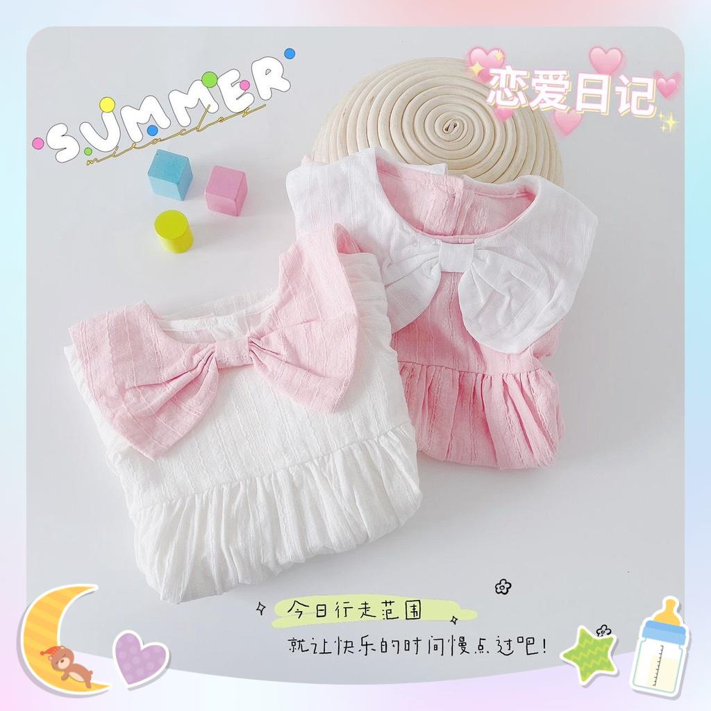 9-20kg  Váy thu dài tay phối nơ cổ hồng trắng cho bé gái siêu xinh chất liệu thô mềm mozikids