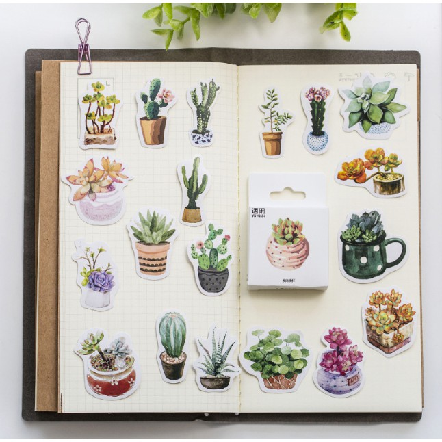 Bộ 50 stickers chậu hoa siêu dễ thương trang trí sổ tay, planner, scrapbook,..