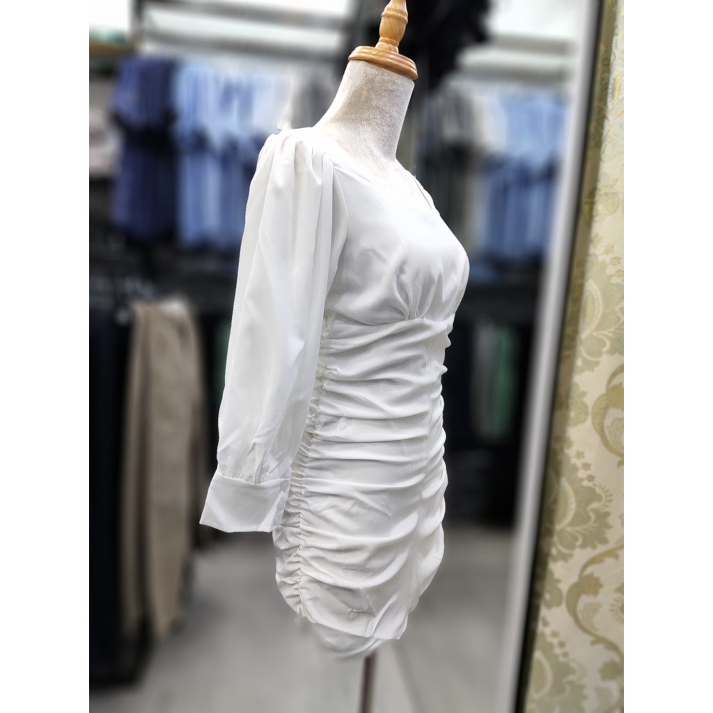 Đầm Cổ Vuông Tay Phồng Thân Nhún CHICO Vải Đũi Co Giãn