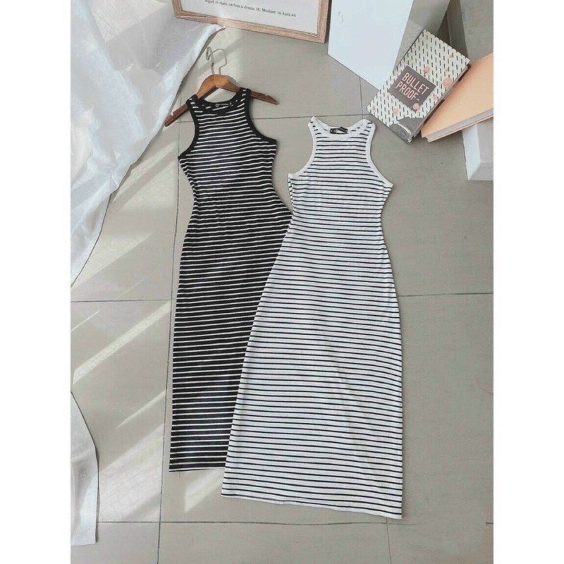 Đầm Body Nữ Dáng Midi Kiểu Ba Lỗ Viền Cổ Chất Thun Gân Sọc Ngang