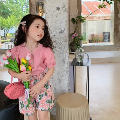 Set Áo Sơ Mi Tay Ngắn Phồng Phối Quần Short In Hoa Thời Trang Mùa Hè Phong Cách Hàn Quốc Cho Bé Gái