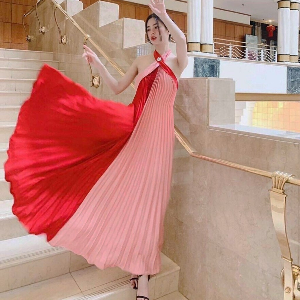 Đầm váy maxi dập ly cổ yếm phối màu siêu sống ảo, chụp hình Hakieu Msp026 ( hình chụp thật ) | BigBuy360 - bigbuy360.vn