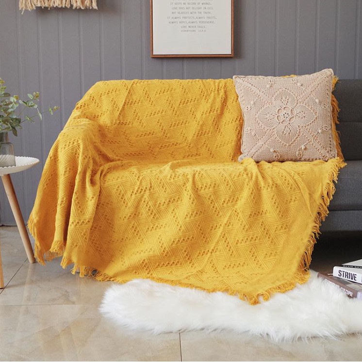 Chăn thảm phủ ghế sofa đan len tua rua màu vàng phong cách Bắc Âu / Bohemian