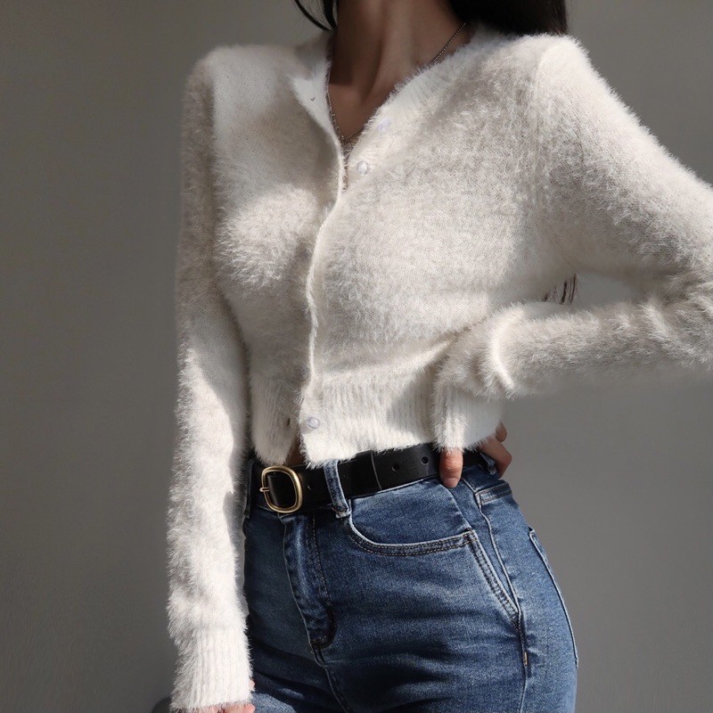 Áo len lông tay dài cài nút, cardigan croptop len lông