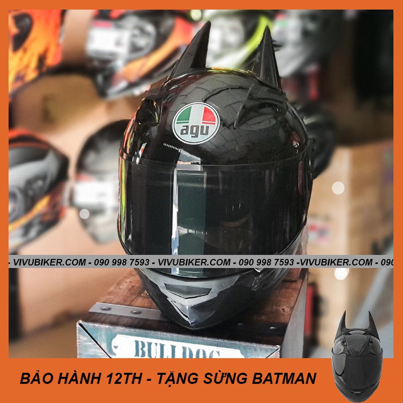 Mũ bảo hiểm Fullface đen bóng kèm sừng batman - Nón bảo hiểm Fullface AGU đen bóng m138 ráp sẵn kính đen