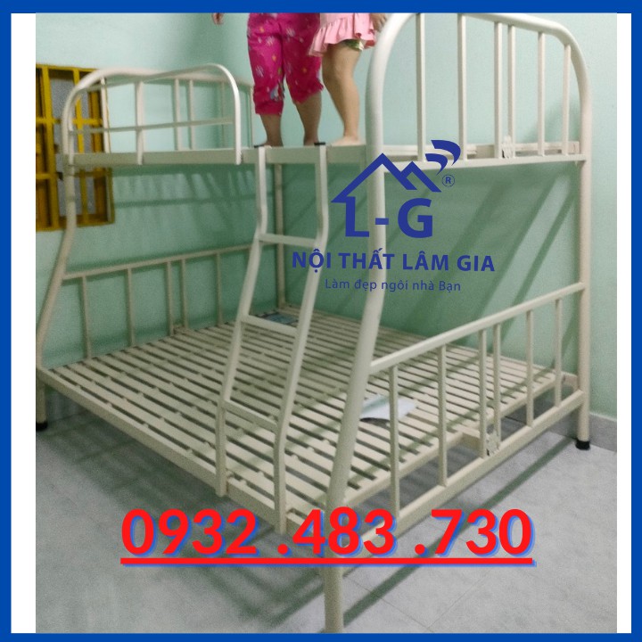 Giường tầng sắt tròn kích thước lớn 1m4-1m6-2m màu kem cho gia đình giá tốt