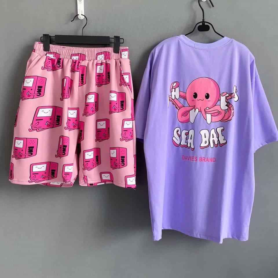 [Mã FASHIONT4WA2 giảm 10K đơn 50K] Set áo bạch tuộc tím + quần short BMO hồng cartoon hoạt hình unisex