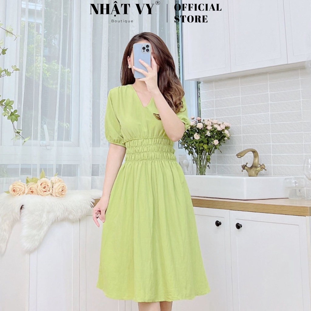 Đầm dự tiệc Nhật Vy tay lửng cổ V eo bo chun dáng xoè chất vải gân phù hợp công sở, dạo phố, cafe sang chảnh - D2457