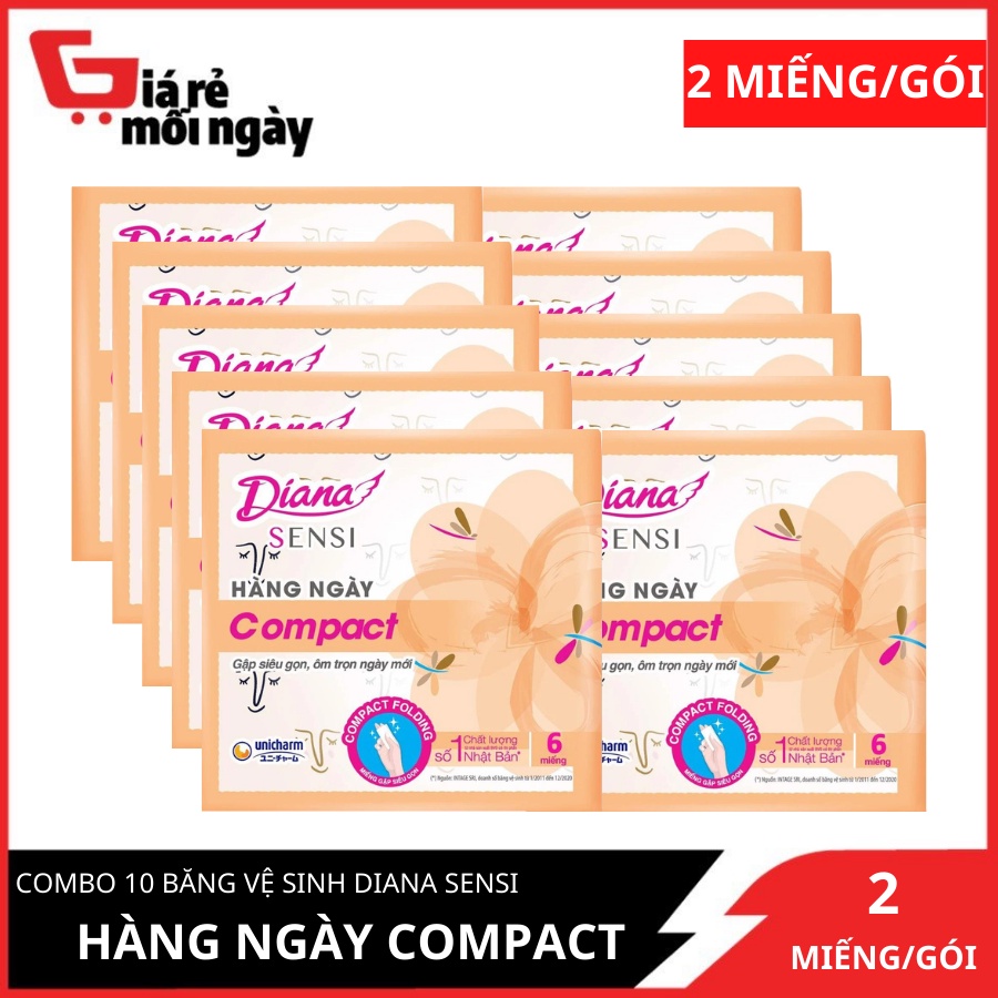 Combo 10 Gói Băng Vệ Sinh Diana Sensi Hàng Ngày Compact 2 miếng/gói